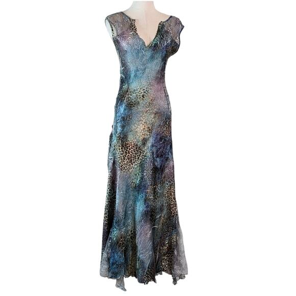 KOMAROV Metallic Mixed Print Maxi Dress Cap Sleeve V-Neck Maximalist Mermaid - Picture 1 of 7